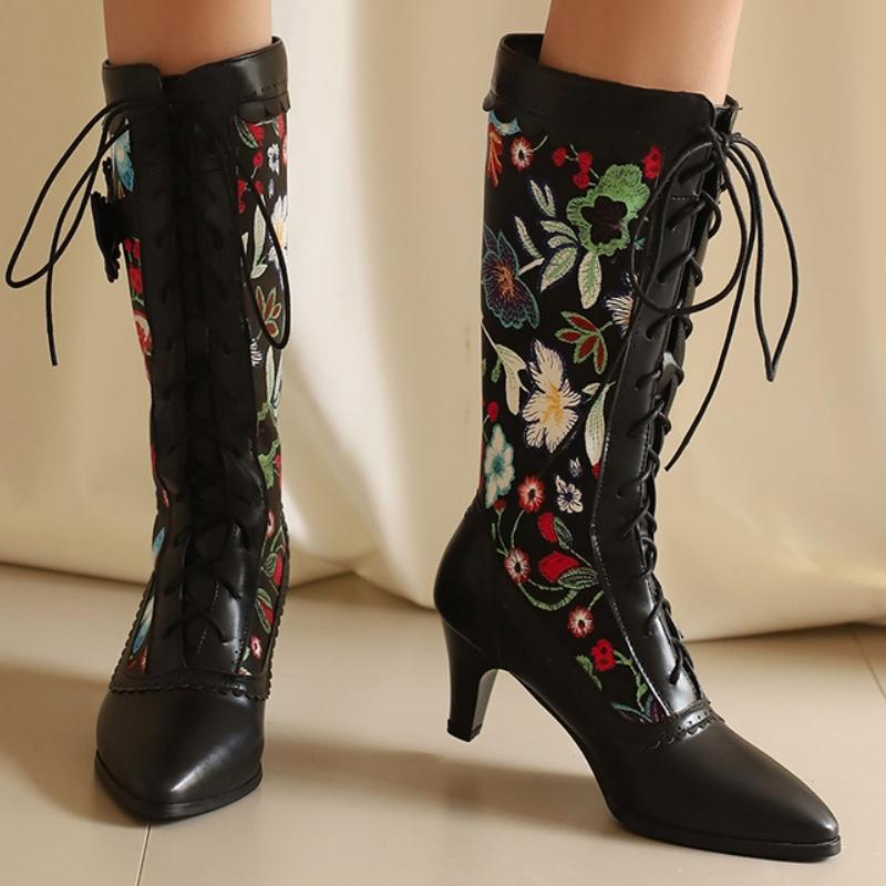 Autumn Winter Mid-calf Boots Women Fashion Flower White Black Boot Elegant Lace-up Low Heels Party Shoes for Girls Big Size 45