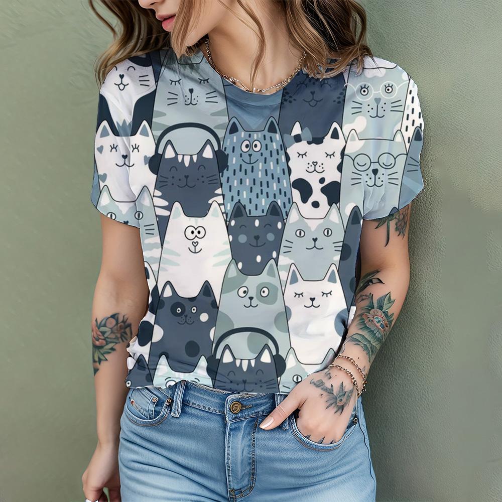2024 New Fashion Women's T Shirt Cute Cat Printed Short Sleeve Round Neck Fun Pattern T Shirt Summer Home Casual Women's Tops