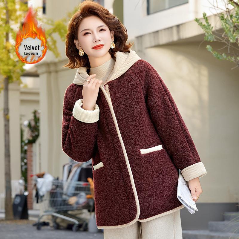 Women's Hooded Lamb Wool Cotton Jacket - Velvet, Thick, Casual Winter Coat for Middle-Aged & Elderly Moms