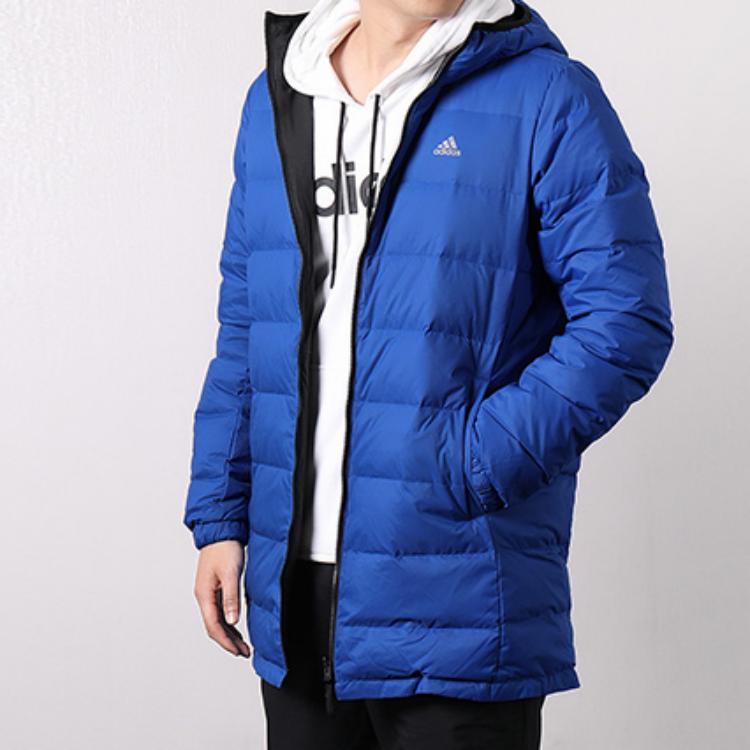 Adidas Reversible Mid-Length Hooded Color Block Striped Logo Down Jacket Men Outerwear Blue Black DM1968