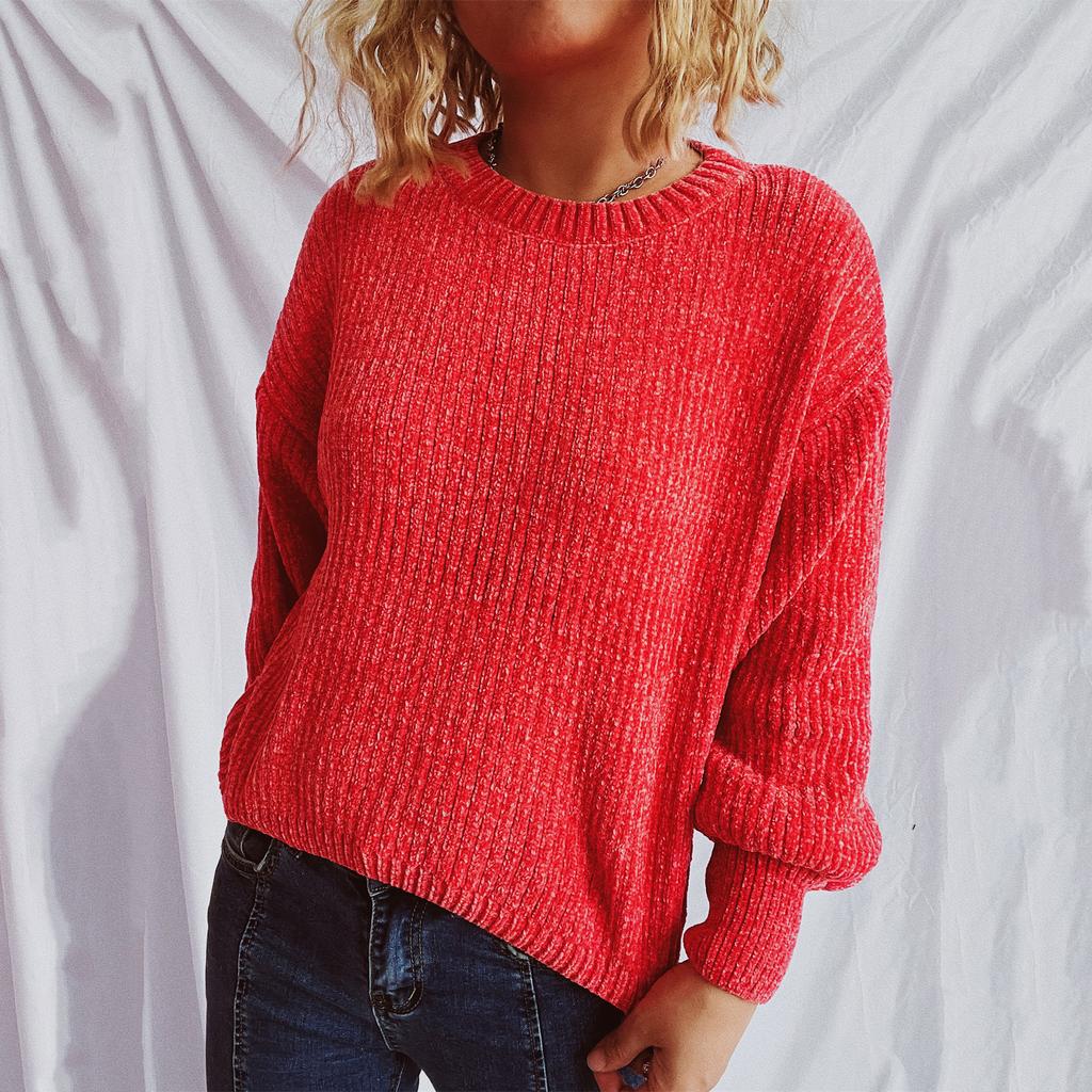 Women's Fashion Casual Round Neck Pullover Solid Color Long-sleeve Sweater Top