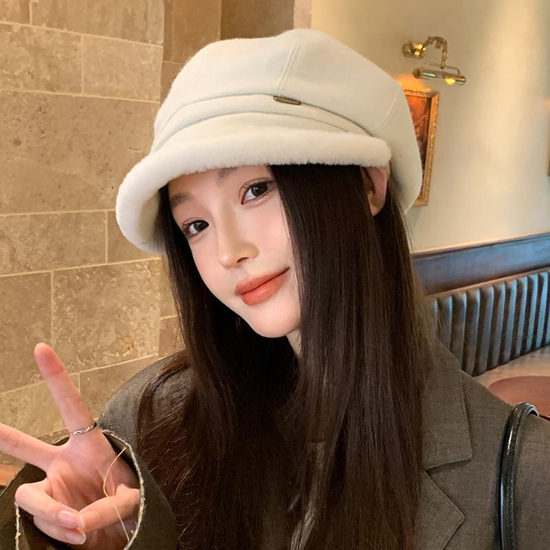 Plush Beret Women's New Autumn and Winter Octagonal Hat Thickened Pile Hat Winter Hat Baseball Cap Bucket Hat
