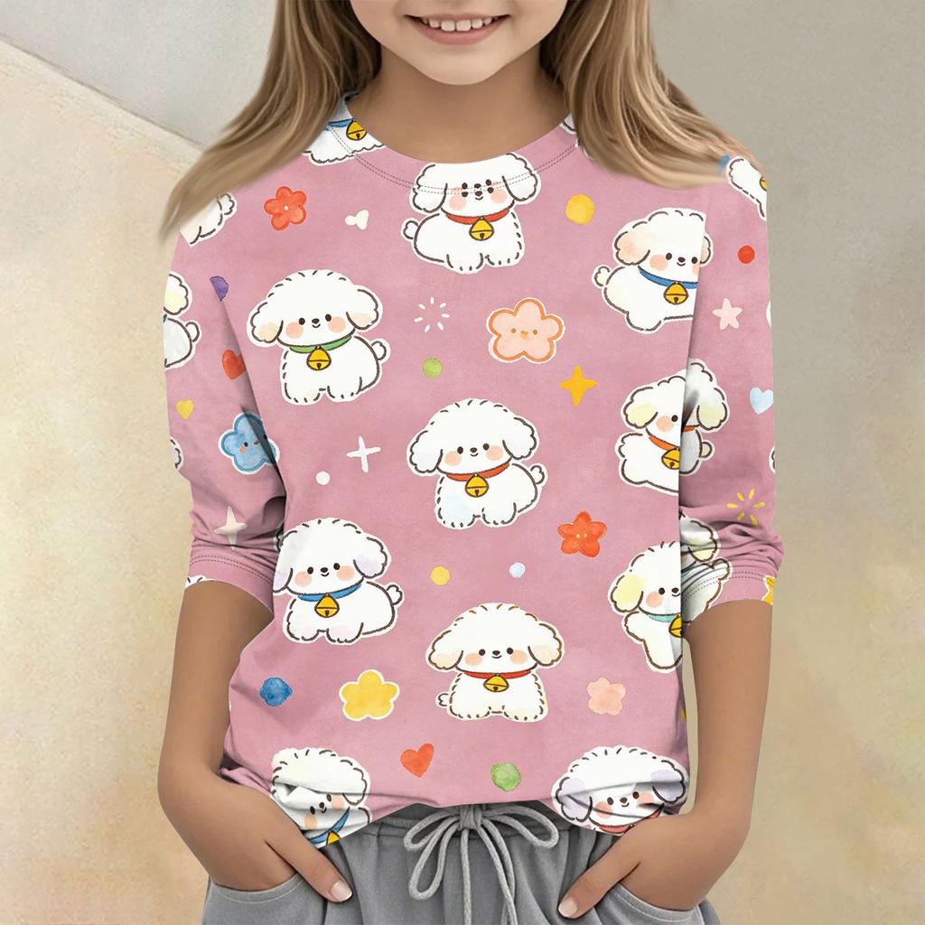 Kinder Tierdruck Rundhals Dreiviertelarm Lässiges T-Shirt Leichter Weicher Stoff Bequeme Passform Geeignet für den Alltag