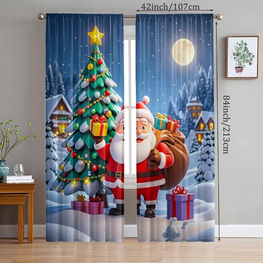 Set Of 2 Christmas Santa Claus Tree Pattern Printed Curtains Decorations Home Room Curtain Polyester Stylish