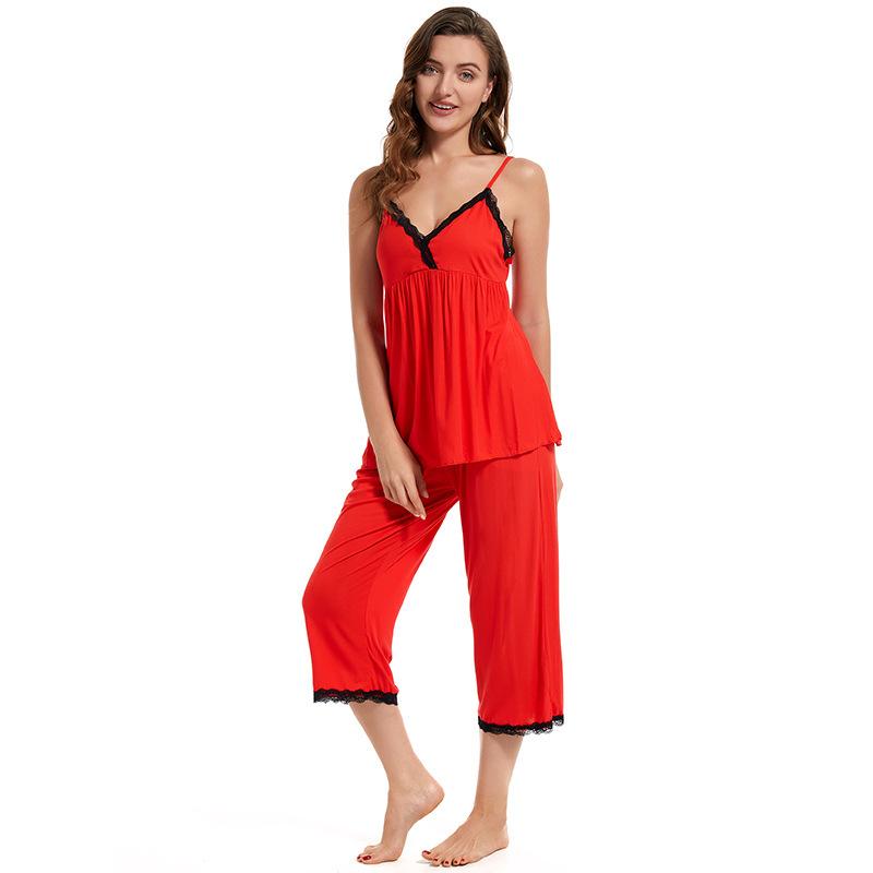 Autumn Spot Simple Pack Solid Color Modal Ladies Homewear Lace Suspender Pajamas Two-piece Pajamas S