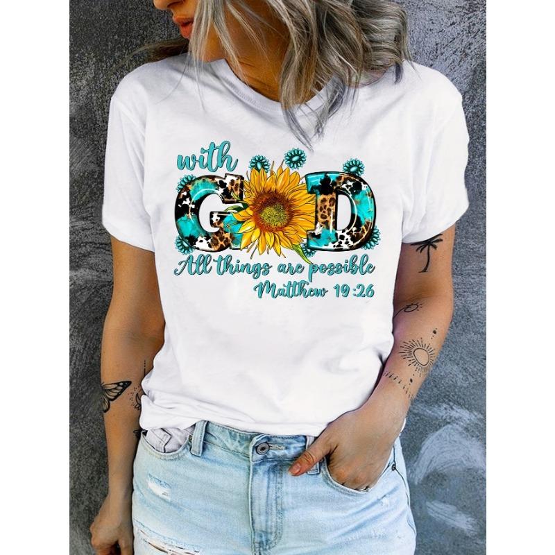 

With God All Things Are Possible Women s Tee - Sunflower & Leopard Print Graphic, Faith-Inspired Casual Top S