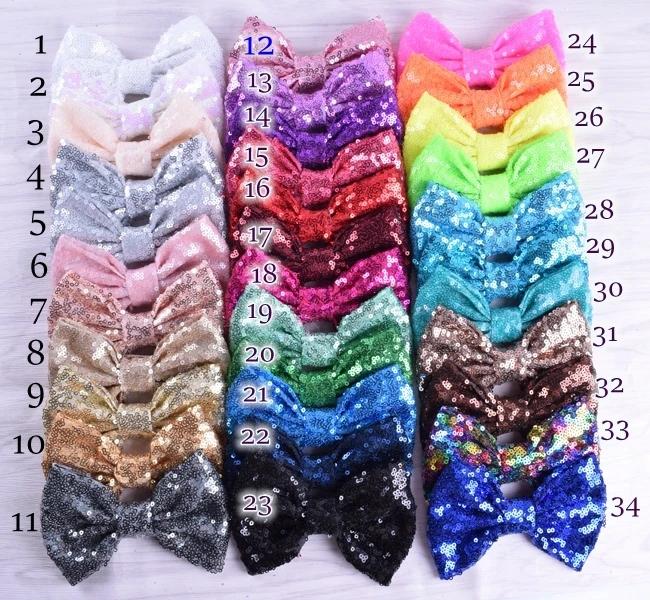 

10 шт./лот 34 цвета Большие банты для волос с пайетками 5 Растрепанный блестящий бант с заколками Аксессуары для волос Детские головные уборы Повязки на голову для женщин