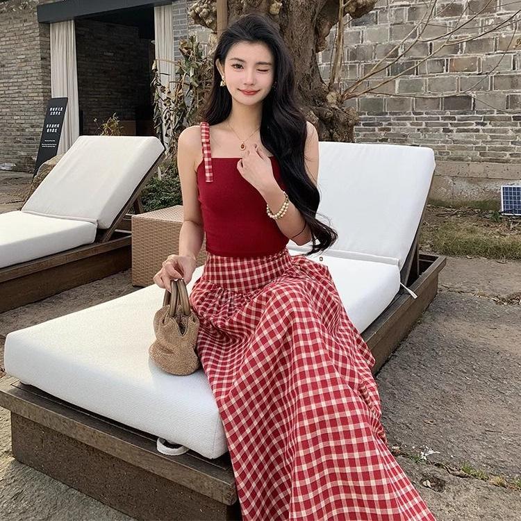 French Retro High-End Red Plaid Midi Skirt for Women - 2025 Summer Trend