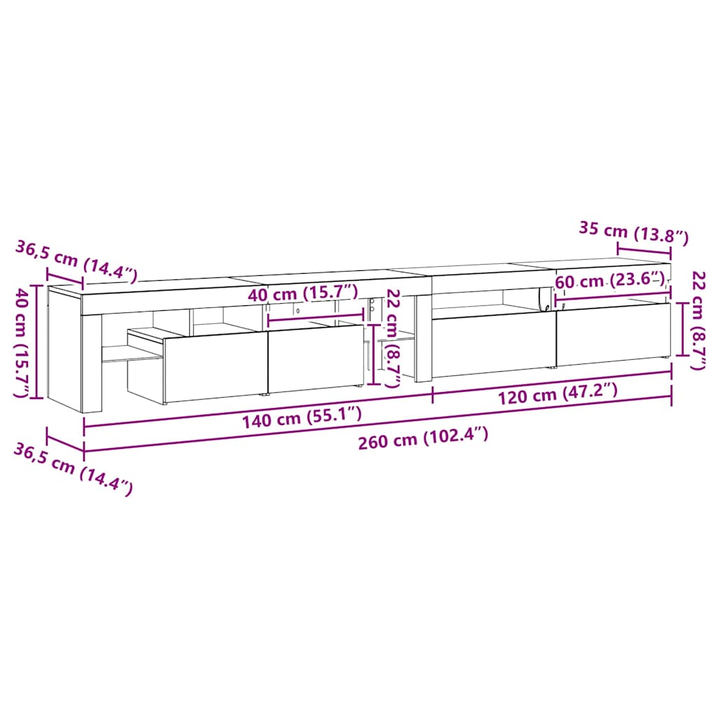 TV Stand with LED Lighting (3 Pcs) Black Oak Effect 260 X 37 X 40 Cm