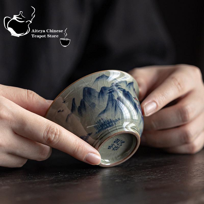 Vintage Hand-Painted Tea Making Cup, Old Pottery, Clay Ru Kiln, Kung Fu Tea Making Cup, Single Cup, Blue and White Tea Brewing C