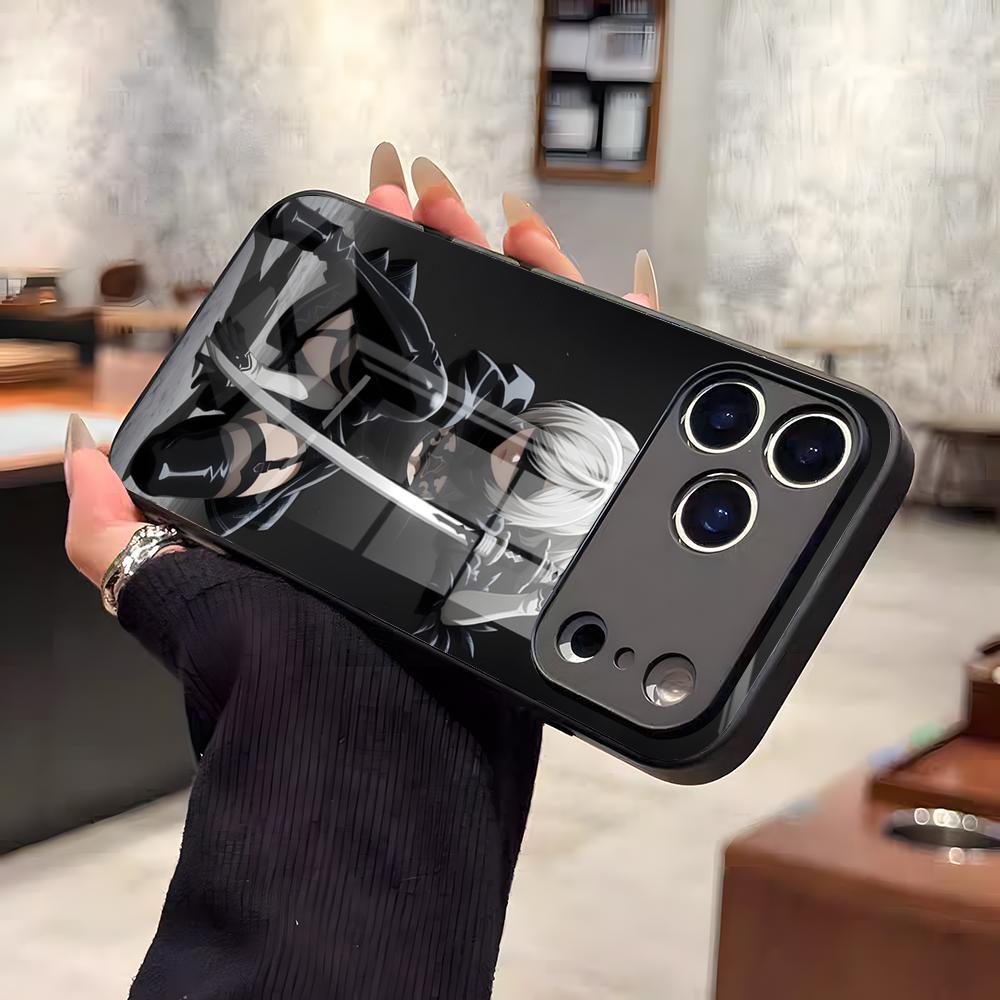 N-NieR A-Automata 2B Phone Case For IPhone 17 Air 16 E Pro Max 15 14 13 Mini 12 Pro 11 Max Plus Black Glass Cover