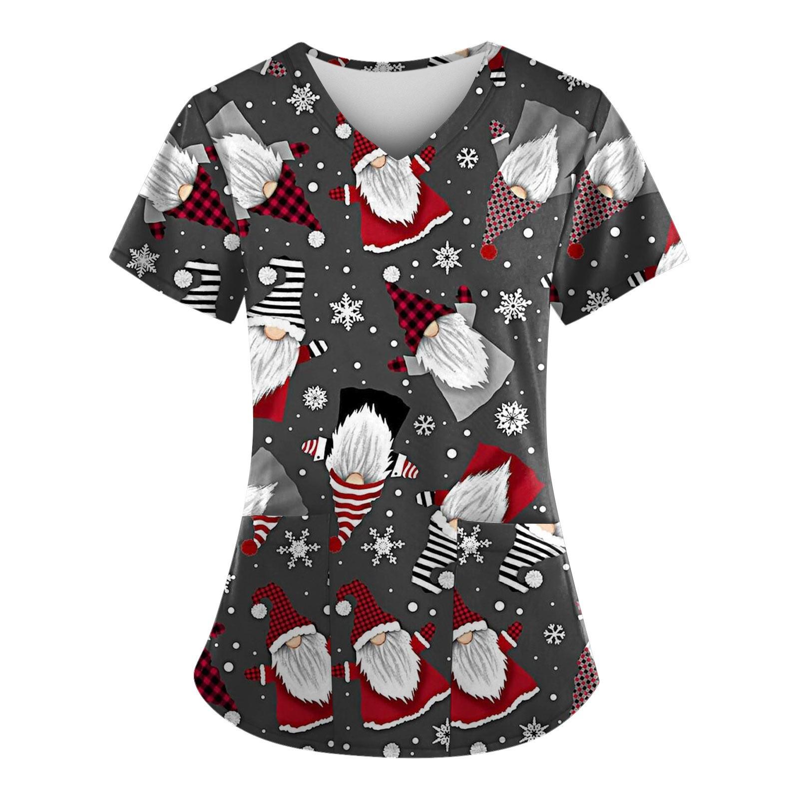 Women s Fashion Christmas Printed Short Sleeve V Neck Pattern Tops Pocket Working T-shirts L