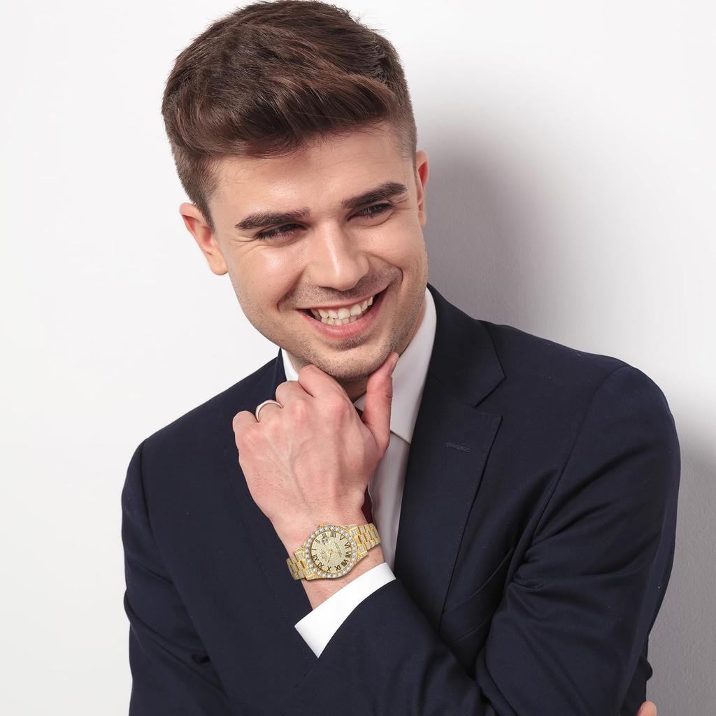 Men's Gold Analog Watch with Roman Numerals, Calendar, Waterproof, Sparkling, Casual, Business, Stainless Steel Band - Perfect for Father's Day, Valen