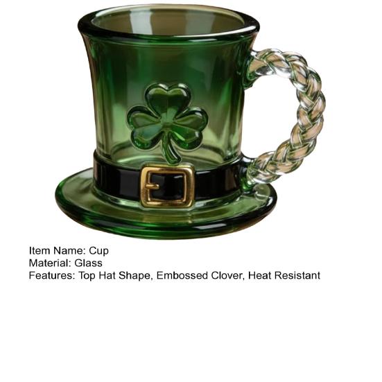 Mug Top Hat Shape Green Coffee Cup with Embossed Clover St Patrick Day Party Holiday Decoration Cold Heat-Resistant Drinkware