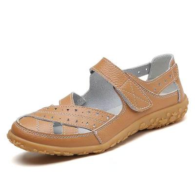 Sandales d'été en cuir Baotou ajourées à semelle plate, semelle souple antidérapante respirante, bout rond, fermeture velcro, grande taille, chaussures de grotte