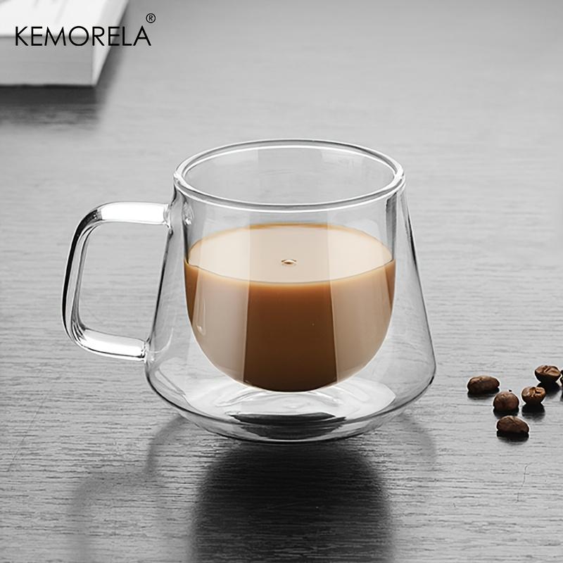 KEMORELA 4pcs Double Wall Glass Coffee Cup With Handle Insulated Transparent Coffee Cup Double wall Drinkware Tea Milk Latte