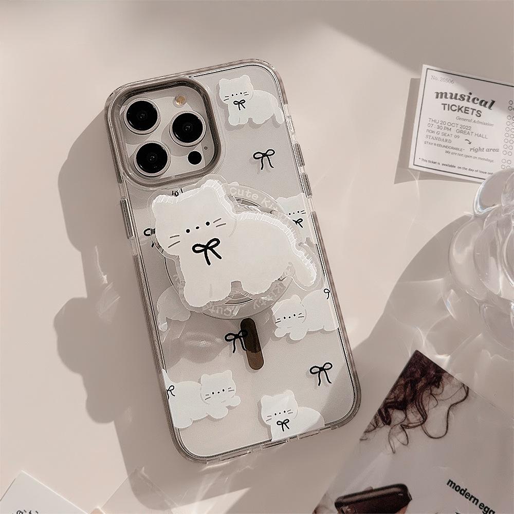 Magnetic Bracket 15Promax Transparent IPhone Case 16 Suitable for 13 Cute Bow Cat 12 Anti Fall