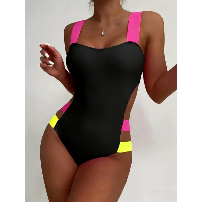 Women Sexy Color Block Backless Slim Fit One Piece Swimsuit