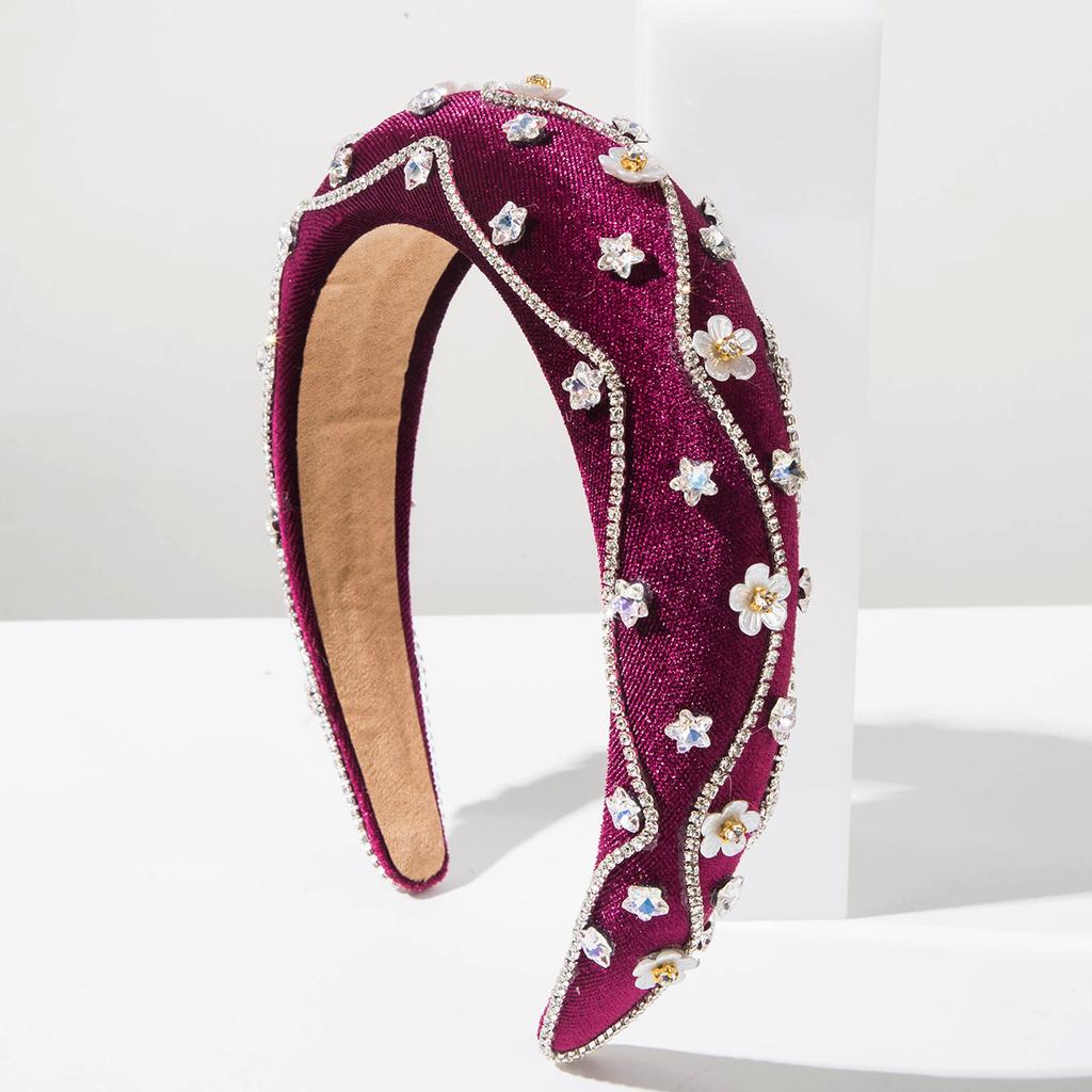 Luxury Velvet Padded Headband With Wavy Rhinestones And Floral Accents Heavy Work Royal Hair Hoop Winter Fashion Headwear