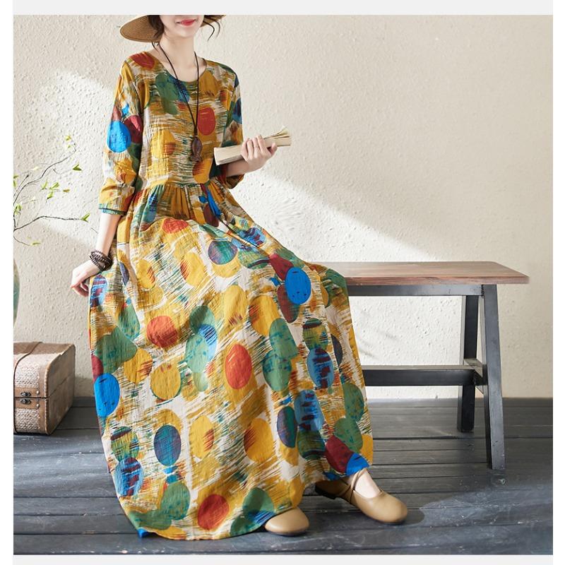 DIMANAF 2024 Rochie de primăvară mărime Plus pentru femei, rochie boemă ocazională cu imprimeu floral, rochie lejeră pentru plajă, decolteu O, verde, femeie