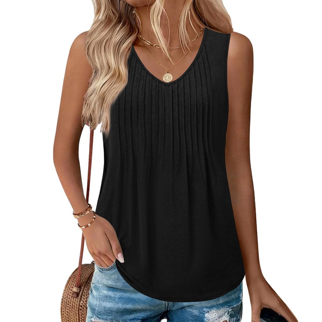 Women’s Sleeveless Pleated V Neck Tank Top Casual Loose Fit Blouse Lightweight Soft Fabric Summer Shirt Pullover Design for Daily Wear
