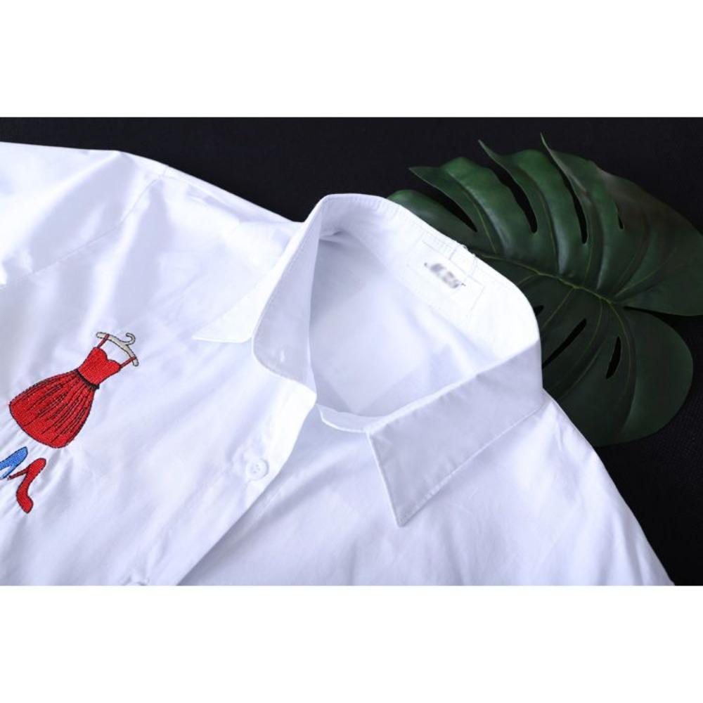Plus Size Mid-length White Embroidered Shirt Women's Long-sleeved Spring Autumn Round Neck Cotton Button Patchwork Cardigan Top
