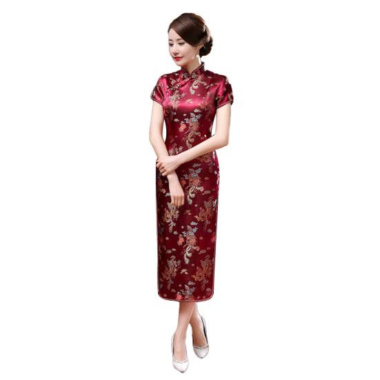 Ethnic Vintage Women Chinese Dragon Phoenix Embroidery Long Slim Cheongsam Dress