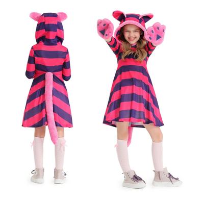 Cheshire Cat Halloween Costume for Cute Cat Purple Striped Cat with Cat Ears and Perfect for Stage School Cultural Halloween Girls, Costume,