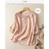 Women Summer Embroidered Round Neck Linen Cotton Blouse