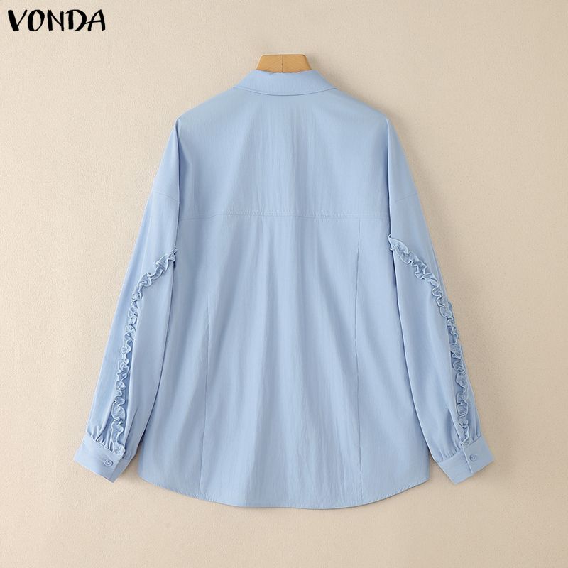VONDA Women Casual Round Neck Ruffled Long Sleeve Solid Color Baggy Blouse