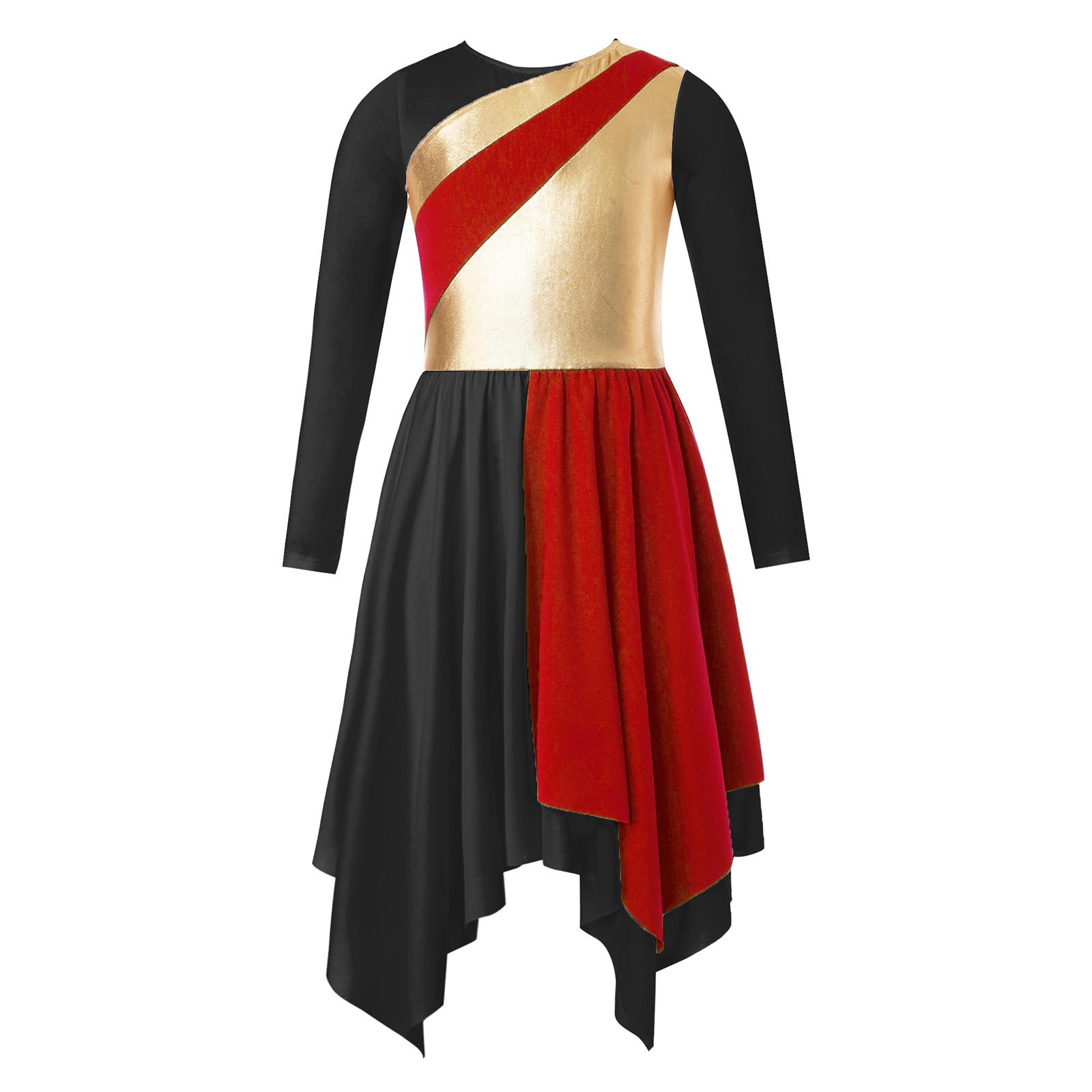 

Дівчаче металізоване плаття для хвали - Асиметрична спідниця з довгим рукавом та дизайн контрастного кольору 3-4 Years червоний