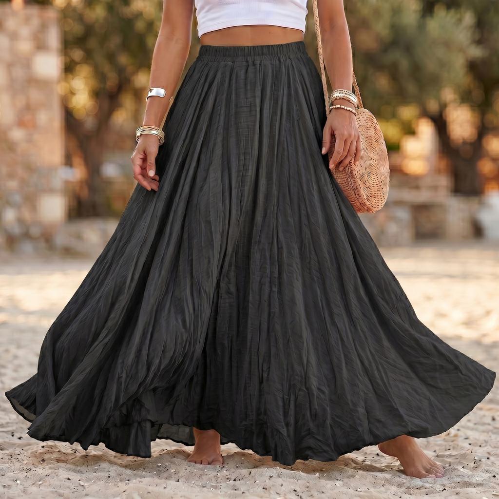 Women Long Loose Pleated Skirt Elastic Waist Cotton Linen Blend Maxi Skirt Flared Hem Casual Boho Style Skirt for Daily Wear