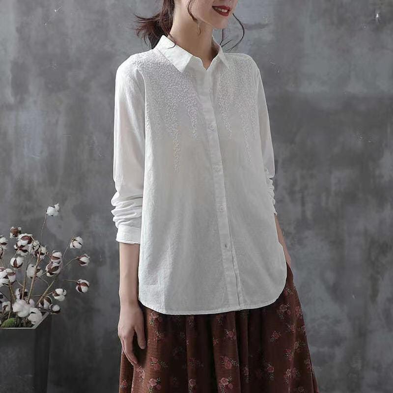 Women's Spring Fall Cotton Embroidered Long Sleeve Shirt – Loose Fit Casual Collared White Blouse Top
