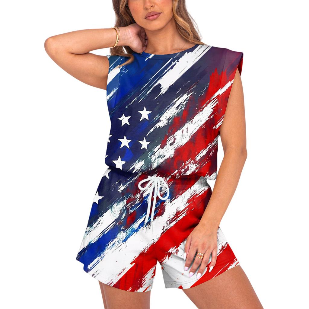 Women's Jumpsuit Independence Day Print Spring Summer Cap Sleeves Adjustable Drawstring Waist Comfortable Casual Short Jumpsuit With Pockets