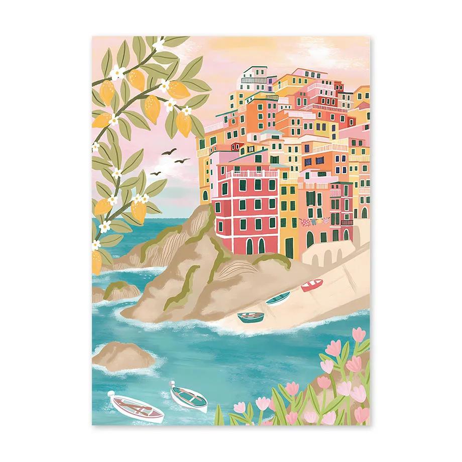 Santorini Lemon Coffee Flowers Abstract Landscape Posters and Prints Wall Art Canvas Painting Pictures For Living Room Home Deco