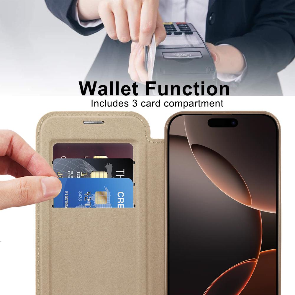 Per serie iPhone 11 12 13 14 15 16. Custodia in pelle business magnetica Gold Shield - Compatibile con MagSafe, con scomparti per carte con blocco RFID e protezione per l'obiettivo