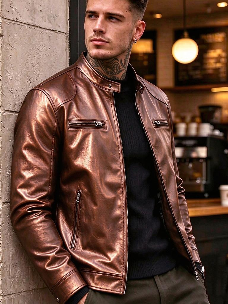 New men's stand-up collar PU leather jacket slim locomotive jacket spring and autumn business casual ruffian handsome jacket