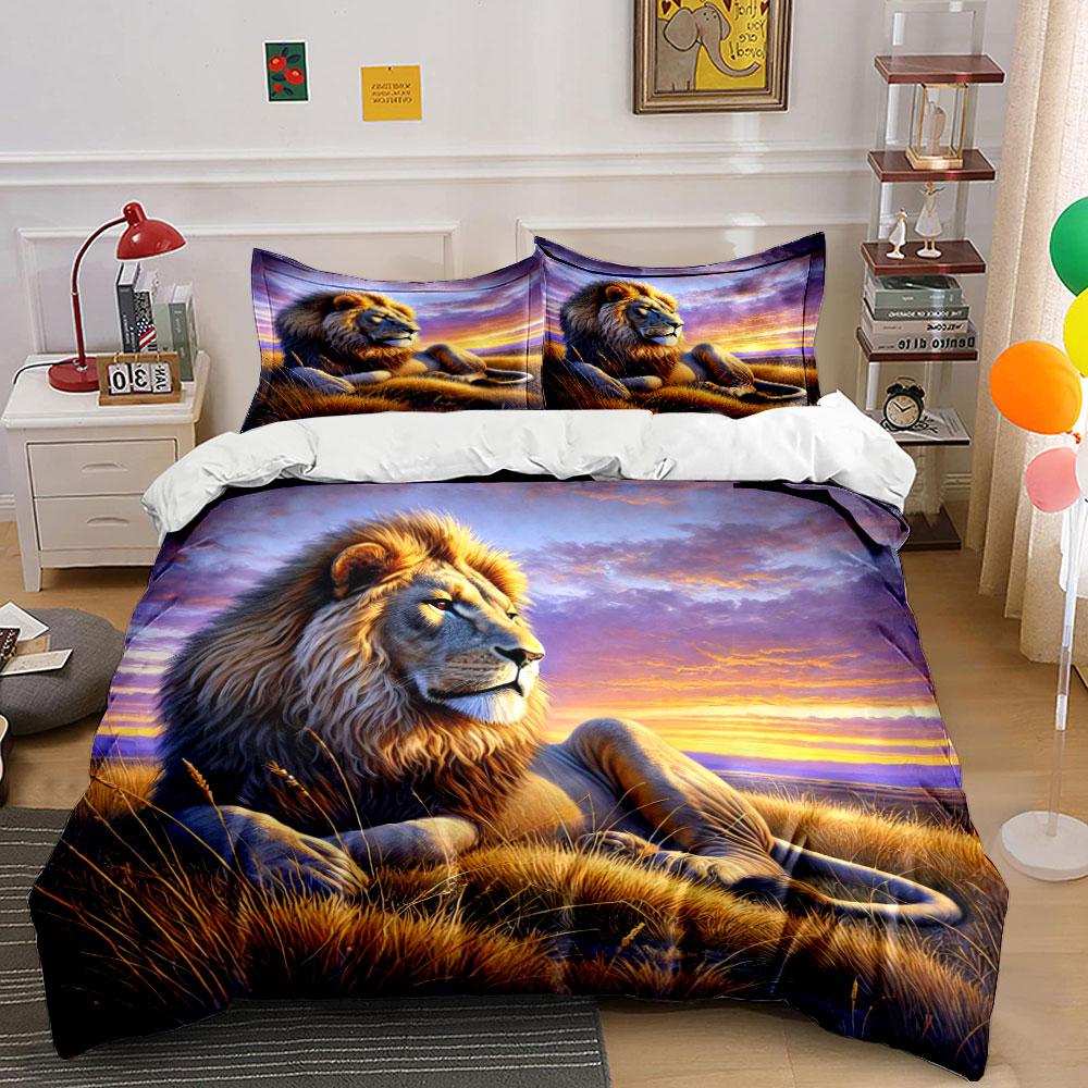 Relaxing Lion, Sunset Background. Bedding Sets Duvet Cover Sets Duvet Covers Pillowcases(1*Duvet Cover 2*Pillowcases Without Duvet Insert)