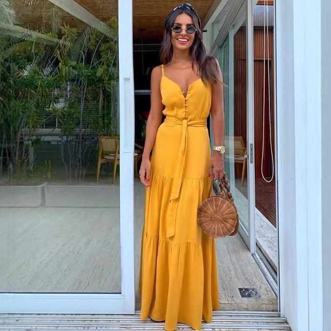 Cross-border Foreign Trade European and American Women's Clothing Amazon 2026 Summer Fashion Button V-neck Splicing Sleeveless Suspender Dress