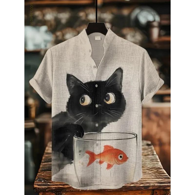 2026 New Men's Shirt Vintage Cat Printed Top Comfortable Fabric Breathable Short Sleeve Shirt Personalized Loose Casual Shirt