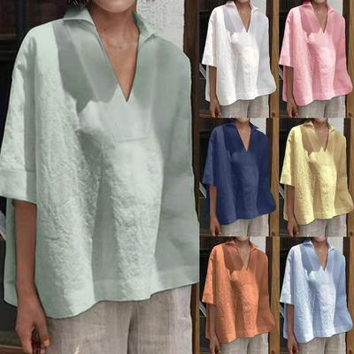 2025 Spring/Summer European-American V-Neck Cotton-Linen Solid Color Loose Mid-Sleeve Women's Shirt