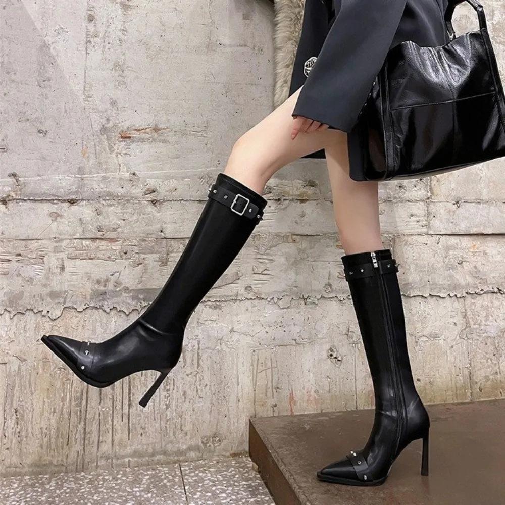 Women's High Top Zipper Belt Buckle High-heeled Solid Color Women's Boots 2024 New Spring and Autumn Women's Boots