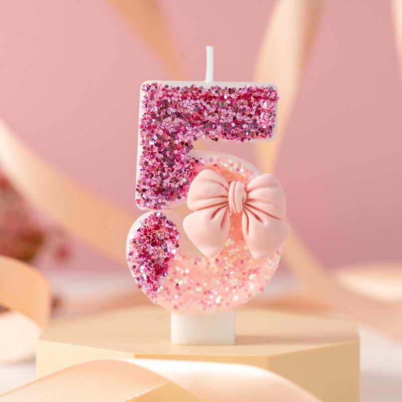 Glitter Pink Bow Number Candle - Color Block Birthday & Anniversary Cake Decor