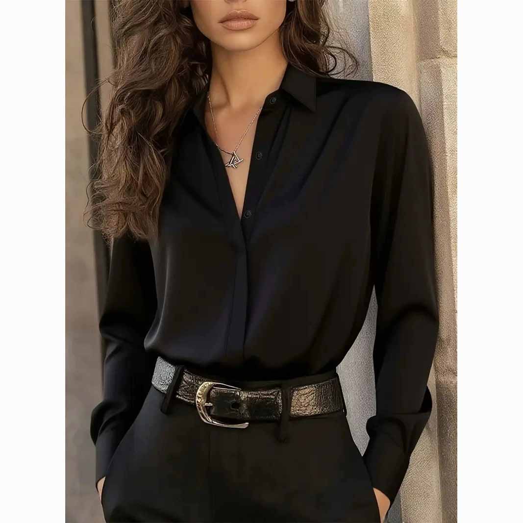 

Women s Long Sleeve Button Down Blouse - Elegant Office Chic Top with Classic Collar & Versatile Style XS чёрный