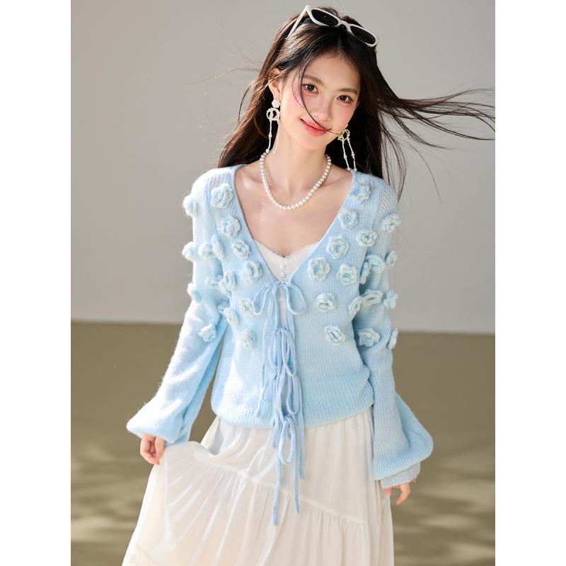 Women's Sweet French Floral 3D V-Neck Lace-Up Knit Cardigan Sweater