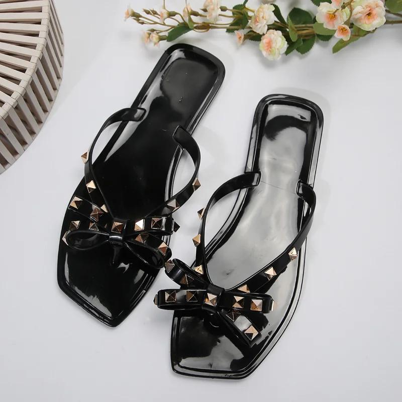 

Fashion 2025 Summer Korean Version Non-Slip Flat Bottom Bow Rivet Beach Slippers Clip Toe Cool Drag Women 41 чёрный