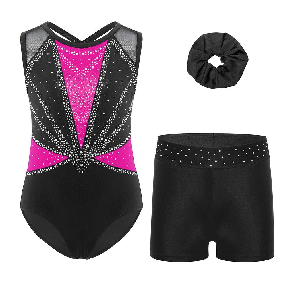 Girls Dance Gymnastics Outfit Sleeveless Crisscross Back Shiny Rhinestones Color Block Metallic Leotard Elastic Waistband Short