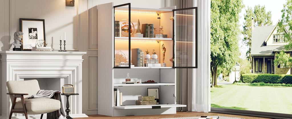 Moderner LED-Ausstellungsschrank Höhe 120cm mit LED-Beleuchtung, Wohnzimmerschrank mit Glastüren und Falttür, Spanplatten-Ausstellungsschrank, Weiß