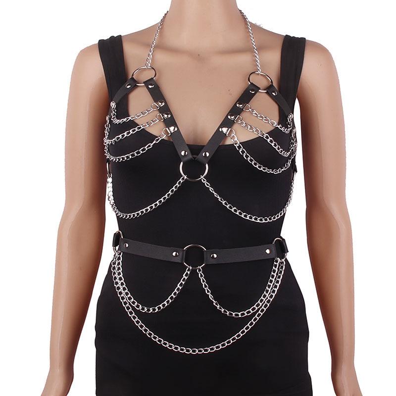 Gargantilla de Cuero Multicapa con Borlas y Cadena de Aleación para Pecho y Cintura, Superventas Transfronteriza