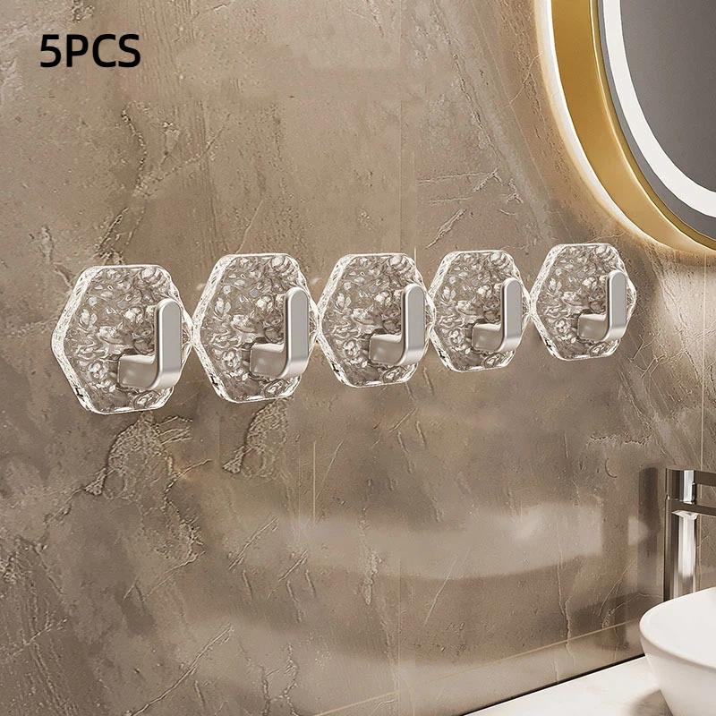 5 Pack Adhesive Wall Hooks Glacier Textured Strong Adhesion No Drilling For Bathroom Kitchen Towels Jewelry
